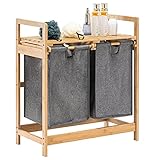 YOUDENOVA Wäschekorb aus Bambus-Gestell mit Ablagen Wäschesammler mit 2 Ausziehbaren Wäschesäcken 2 Fächer 73x64x33cm G
