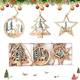 6 Stück Weihnachtsanhänger Holz,Anhänger Dekoration Holz mit Aufbewahrungsbox,Weihnachtsdeko basteln,Ornamenten für Weihnachtsbaum mit Box,Anhänger Holz W