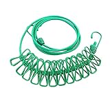 YUGHGH Wäscheleine, Camping Wäscheleine Reise Outdoor, Flexible Wäscheleine Tragbar Elastische mit 12 Beschichteten Klammern Tragbare Reisewäscheleine Reise-Gadgets für den Außen (Green)