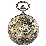 Retro Mickey Mouse Display Mechanisch Handaufzug Taschenuhr Bronze Anhänger Uhr Römische Ziffer Zifferblatt mit Geschenkbox