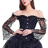 AeasyG Frauen Steampunk Korsett Renaissance Viktorianische Spitze Lange Ärmel Korsett mit Schulterfrei Vintage Gothic Bustier Kostü