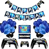 Vubkkty Geburtstag Deko für Jungen, Gaming Dekoration Set Videospiel Party Dekoration mit Controller Folienballons und Blauschwarzen Ballons Happy Birthday Banner für 5 6 7 8 9 Jahre alte Jung