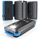 Solar Powerbank, Elzle Qi Wireless Solar Ladegerät 26800mAh mit 3 Solarpanels und 3 USB &LED-Lampe, Tragbares Outdoor Wasserdichtem Power Bank Kompatibel für iPhone Samsung Smartphones Tab