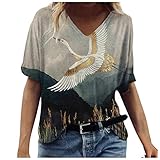 V Neck T Shirts for Women Summer Tops Loose Fit Short Sleeve Shirts Floral Printed Athletic Sweatshirts Comfy Tshirts Workout T Shirts Blouses Activewear Tunics Pullover Tees(Gray,M)