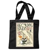 Tasche Umhängetasche VINTAGE SOUND STUDIO SCHLAGZEUG MIKROFON TECHNO JAZZ FUNKY SOUL TRANCE FESTIVAL HOUSE HIPHOP HIP HOP DJ Einkaufstasche Schulbeutel Turnbeutel in Schw