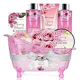 BODY & EARTH 8 tlg. Spa Geschenkset Frauen, Kirschblüten und Jasmin Duft, Schaumbad, Duschgel, Badesalz, Haarseife, Bodylotion, Geburtstagsgeschenk für Frauen, Geschenke für Frauen, Muttertagsgeschenk