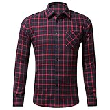 Herren-Poloshirt aus Baumwollflanell, schmale Passform, Umlegekragen, kariert, mit Tasche, langärmelig, kariert, modisch, wein, M