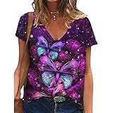 JinFZ Oberteile Damen Sexy V-Ausschnitt Mode Schmetterling Print V-Ausschnitt Kurzarm Sommer Lose Komfort Urlaub Lässige Damen Tops Elegante Chic Damen Bluse C-Purple2 S