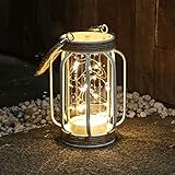 Eisenlaterne mit Lichterketten 6h-Timerfunktion, Deko Gartenlatern Windlicht für draußen, hochzeitsdeko vintage weiß, H. 19