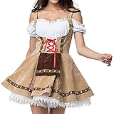 Orgrul Damen Dirndl Kleid Dirndlkleid Trachtenkleid Midi mit Stickerei Braun Schwarz FDD (XXL, Khaki)