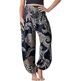 yiouyisheng Dame Hippie Hose Pumphose Haremshose Boho Gemustert Gesmockte Taille mit Taschen Freizeithose Yogahose Bohemian Printed Lose Damen Yogahosen Baggy Sp