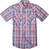 Backpacker Herren Men's Short Sleeve Western Westernhemd Kurzarm Plaid, Korallenrot/Blau, 2 x Large T