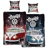 BERONAGE VW Volkswagen Bulli Bettwäsche Originals Rot/Blau 135 cm x 200 cm + 80 cm x 80 cm VW-Bus T1 100% Baumwolle Linon/Renforcé Retro Camper Van 2 Motive Wendebettwäsche Reißverschluss 087