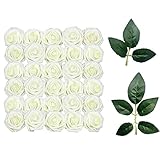 Sprießen 50 Stück künstliche Rosen für DIY Blumensträuße Hochzeit Party Baby Dusche Home Geburtstag Party Dekoration 10 dekorative grüne Blätter(Weiß