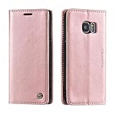 UEEBAI Handyhülle für Samsung Galaxy S7, Retro Matte Handyhülle PU Fallschutz Lederhülle Weich TPU Klapphülle mit Kartenfach Standfunktion Magnetverschluss Flip Case Handytasche - Roség