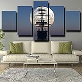 HHGJJ 5 teiliges wandbild Schiff Segelboot Moon Blue 5 stück leinwand wandkunst 5 teilig leinwand wanddeko Wohnzimmer leinwanddruck 5 teilig Bilder Wohnzimmer modern groß mit Rahmen XXL 150x80