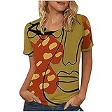 Damen Sommer-Tops, Übergröße, kurzärmelig, Rundhalsausschnitt, Blusen, modisch, 3D-Grafikdruck, lockere Tunika, Tops für Damen, Geschenke, gold, XXL