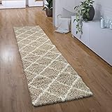 Paco Home Hochflor Teppich Läufer Flur Schlafzimmer Shaggy Langflor Modern Skandinavisch Rautenmuster, Grösse:80x300 cm, Farbe:Beig