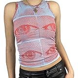 Y2K Damen-Tanktop mit ästhetischen Augen/Gesicht, bedruckt, modisch, bauchfreies Top, Harajuku, Sweatshirts, Weste, Streetwear, Ärmellos hellblau, Larg