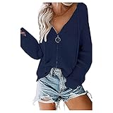 Briskorry Damen Strickpullover V-Ausschnitt Pullover mit Kapuze Reissverschluss Casual Langarmshirts Strickpulli Sweatshirt Oversize Top