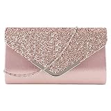 MEGAUK Damen Clutch Glitzer Elegant Abendtasche Glänzend Handtasche Envelope Tasche Strass Unterarmtasche mit Kette für Hochzeit Wedding Prom Party (Mode Rosa)