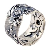 Damen Schwarz Breit 990 Sterling Silber Orientalische Pfingstrose Blume Ring 15mm Verstellbar Größe 58-60
