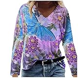 Womens Long Sleeve Ruffle Sleeve Casual Loose Shirts Tops and Blouses Oversized Sweatshirts Floral Print Tunic Tshirts Workout T Shirts Blouses Activewear Tunics Pullover Tees(Purple,L)