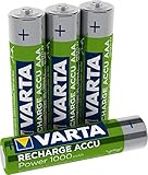 VARTA Rechargeable Accu Ready2Use vorgeladener AAA Micro Ni-Mh Akku (4er Pack, 1000 mAh), wiederaufladbar ohne Memory-Effekt - sofort einsatzb