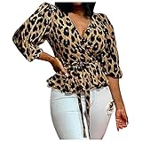 Xiangdanful Tshirt Damen Leopardenmuster Tops Hemd V-Ausschnitt Langarm Oberteile Hemdbluse Druck Kurzarm Bluse Lose Atmungsaktives Bluse Lang