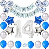Kiwochy 14 Geburtstag Dekoration Set Silber Blau Geburtstagsdeko Jungen Geburtstagsdeko Blau Set 14. Geburtstag Party Ballon Zahl 14 Folienballon Happy Birthday Banner für Mädchen Jungen Geburtstag