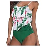 Lazzboy Frauen Sexy Rüschen Badeanzüge Mit Hoher Taille 2 Stück Tankini Baden Bikini Damen Set Bademode Zweiteilig Badeanzug Große Zweiteilige Strandkleidung(Grün,XL)