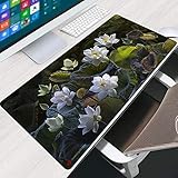 LJUKO Mauspad 800X300X3mm Grün Pflanze Weiß Lotus Computer-Mauspad Mit Rutschfester Gummibasis Mouse Pad Mousepad Waschbar Verschleißfest Mauspads Für Computer Laptop Büro Und H