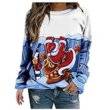 Damen Weihnacht Sweater mit Weihnachtsdruck Langarm Hoodie Rundhal Oberteil Winter Warme Unterhemd Longshirt Weihnachten Sweatshirt mit Hirschmuster Casual Bluse Ob