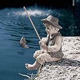 Gone Fishing Boy - Boy Fishing Garden Statue - Garden Ornament Basking in God's Glory - Fischermann Gartenstatue, Polyresin, Junge mit Angel - Angler Gartenfigur Gartendek