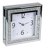 dekojohnson Moderne Tischuhr Standuhr Kaminuhr stehende Uhr aus Metall mit Brillianten Wohnzimmer Schlafzimmer Küchen-Uhr Silber weiß 14x14cm eckig