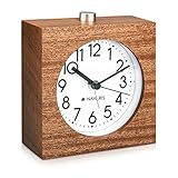 Navaris Analog Holz Wecker mit Snooze - Retro Uhr im Viereck Design mit Ziffernblatt Alarm - Leise Tischuhr ohne Ticken - Naturholz in Dunkelb