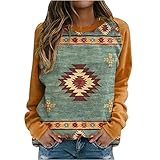 Ethnisch Drucken Vintage Sweatshirt Damen Rundhals Pullover Boho Muster Retro Langarmshirt Baumwolle Bedrucktes Oberteil Tops Freizeit T-Shirts Bluse Colorblock Patchwork Casual Ob
