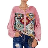 LYAZFC Damen Frühling und Sommer Casual Rundhals Hemd Knopf Retro Multicolor Print Langarmshirt Top