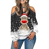 ZYUD Langarmshirt Schulterfrei Oberteil Damen Christmas Sweater Pullover Sexy Cold Shoulder Pullover Damen Tshirt Damen Langarm Pulli Hemd Damen Bluse Kalte Schulter Basic Shirt Langarm t-S