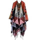 YianBestja Damen Herbst/Winter Poncho mit Quaste, 130 * 150CM Poncho-Schal Überwurf Cape Umhang Wendeponcho für Frau (36-3)