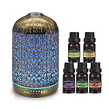 Aroma Diffuser 260ml mit 5 Ätherische Öle Set, Luftbefeuchter Metall Aromatherapie Elektrisch Diffusor mit 7 Farbe Licht Vintage Duftlampe für Wohnzimmer Kinderzimmer Schlafzimmer【Upgrade】
