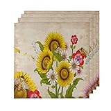 Stoffservietten-Set, 4 Stück, Retro-Sonnenblumen-Mohnblumen, waschbar, Polyester-Servietten mit gesäumten Kanten für Esstisch, Hochzeiten, Party, Urlaub, Heimdekoration, 50,8 x 50,8