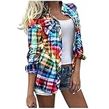 ROYIYI Damen Freizeittop Revers Plaid Digitaldruck Hemd-Blusen Knopf Cardigan Langarm Streetwear Elegant Lose Sweatjacke Casual Lässiges Freizeitpullover (Mehrfarbig, XL)