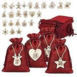 Naler 24 x Jutesäckchen Adventskalender Stoffbeutel mit Zahlen Holzanhänger Jute Beutel Säckchen für Weihnachten Geschenksäckchen - 10 x 14
