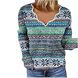 Wave166 Strickpullover Damen Vintage Oversize Pullover Lässig V-Ausschnitt Pulli Mode Bedruckt Langarmshirt Sweatshirt Tops Locker Casual Elegant Sweater Für F