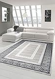 Designer Teppich Moderner Teppich Wohnzimmer Teppich mit Ornament Bordüre Grau Cream Schwarz Größe 80x150