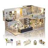 GuDoQi DIY Puppenhaus Miniatur Kit, 3D Hölzernes Puppenhaus Bausatz mit Möbeln und Musik und LED-Licht, Handwerk Miniatur Modellbausätze für Frauen und Sammler, Einfaches Leben H