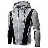 Saclerpnt Herren Patchwork Sweatjacke Kontrastfarbe Hoodie Reißverschluss Langarm-Sweatshirt Slim-Fit Kapuzenjacke(Hellgrau,3XL)