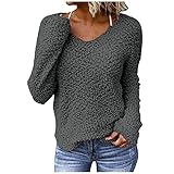 ONETIME Damen Strickpullover Baumwolle Casual Langarm Knit Sweater V-Ausschnitt Leichte Pullover Vintage LäSsiger Soft Lose Xmas Sweater Sweatshirts Oberteile Herbst W