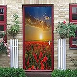 BARFPY 3D Türfolie für Innentüren Sonnenuntergang rote Blumen Türtapete Wandbild Selbstklebend PVC Türaufkleber Wandtattoo TürPoster Fototapete Wasserdicht Abnehmbar Für Schlafzimmer Küche Bad Tür Dek